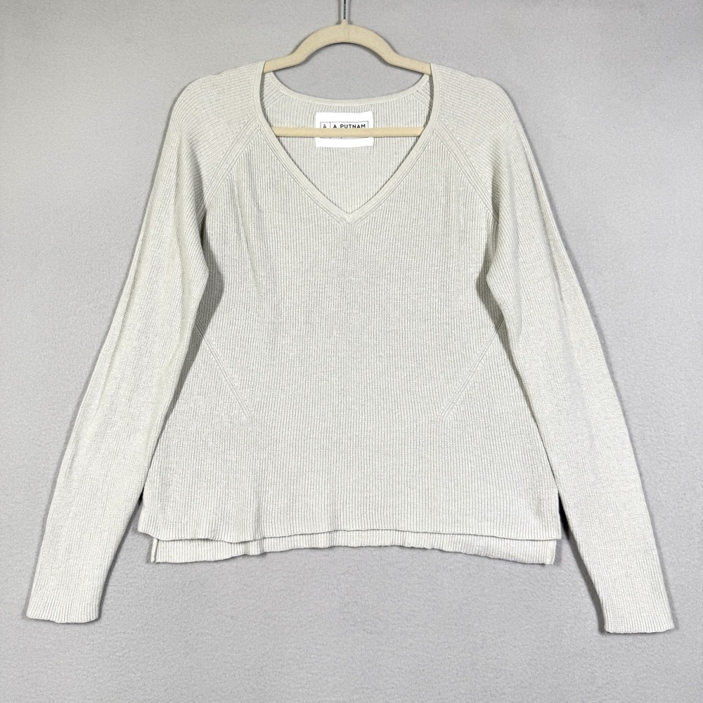 A Putnam Sweater Womens Small Ribbed V Neck Cashmere Blend Pullover Golf Beige